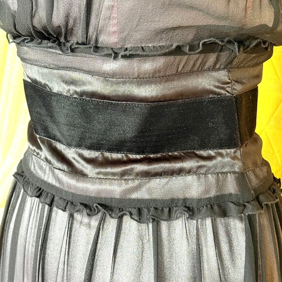 Vintage Y2K Dark Coquette 100% Silk Sheer Black & Pink Milkmaid Dress Size M - Picture 10 of 17